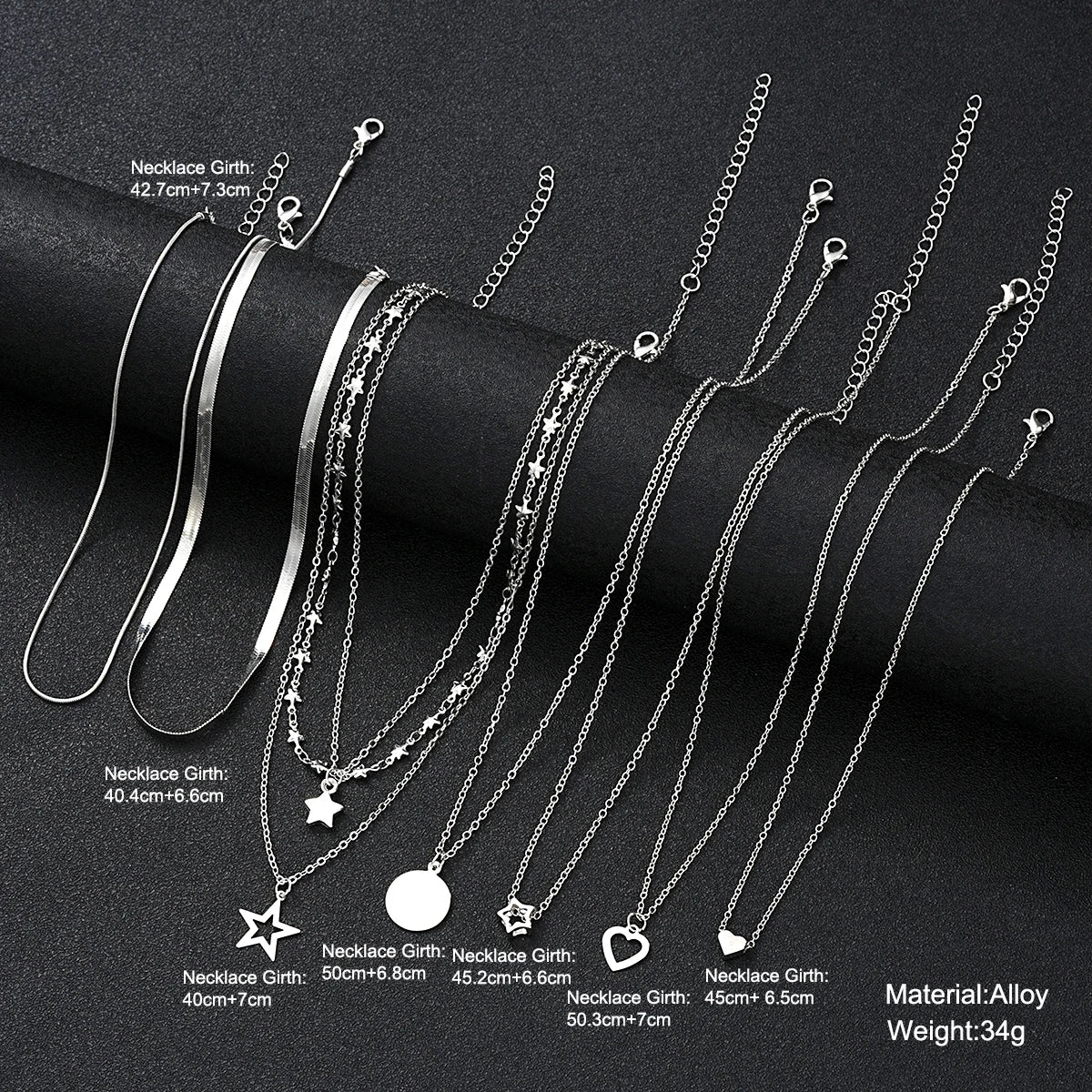 Conjunto 9 Peças Colares Choker Simples Feminino Amor Coração Estrela Pingente