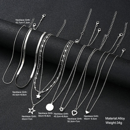 Conjunto 9 Peças Colares Choker Simples Feminino Amor Coração Estrela Pingente
