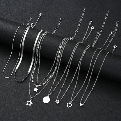 Conjunto 9 Peças Colares Choker Simples Feminino Amor Coração Estrela Pingente