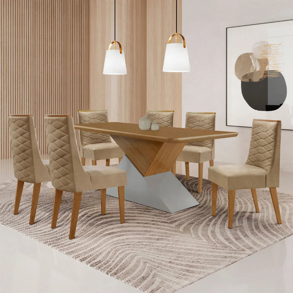 Conjunto Mesa de Jantar Aster 180cm Tampo MDF com 6 Cadeiras Safira Móveis Modernos