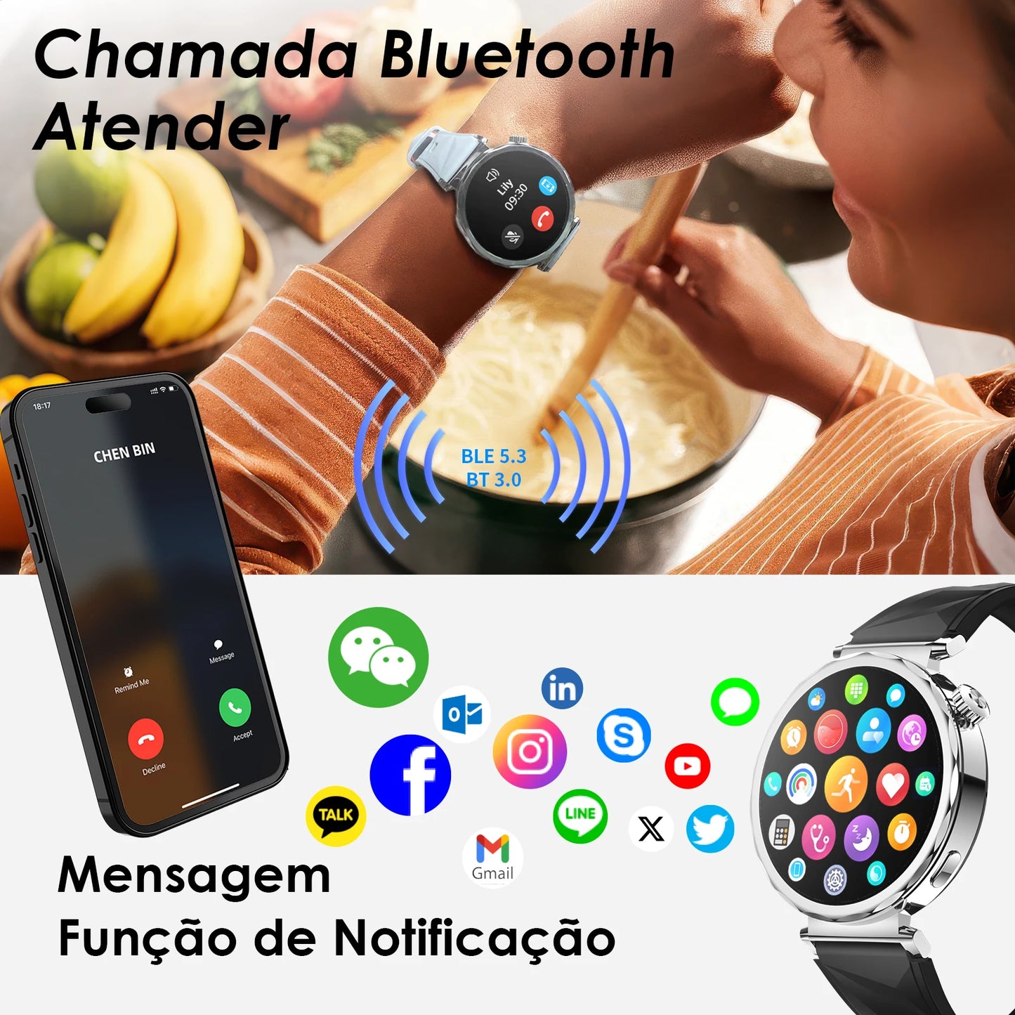 Smartwatch Feminino AURAIF ELLA 4 Monitor Freq Cardíaca Sono Esportes