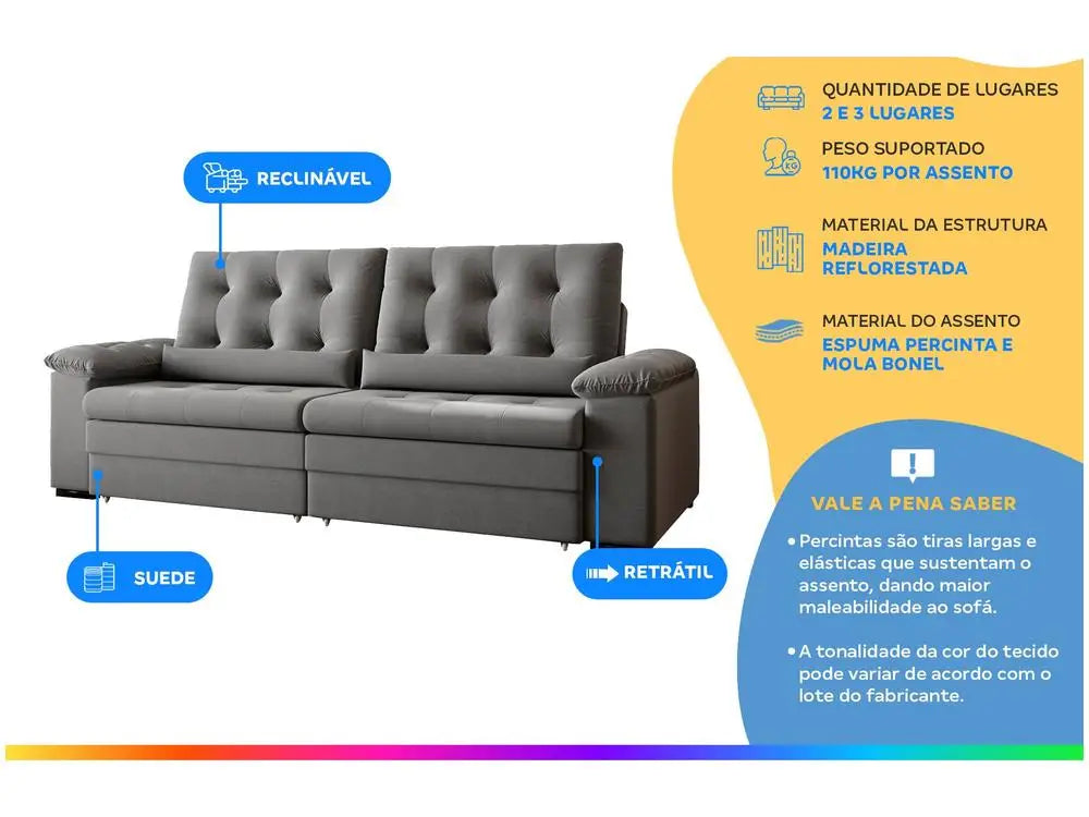 Conjunto Sofá 2 e 3 Lugares Retrátil Suede Colombia SMP