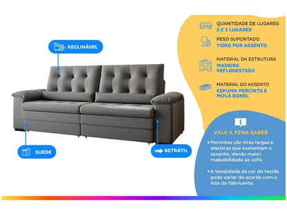 Conjunto Sofá 2 e 3 Lugares Retrátil Suede Colombia SMP
