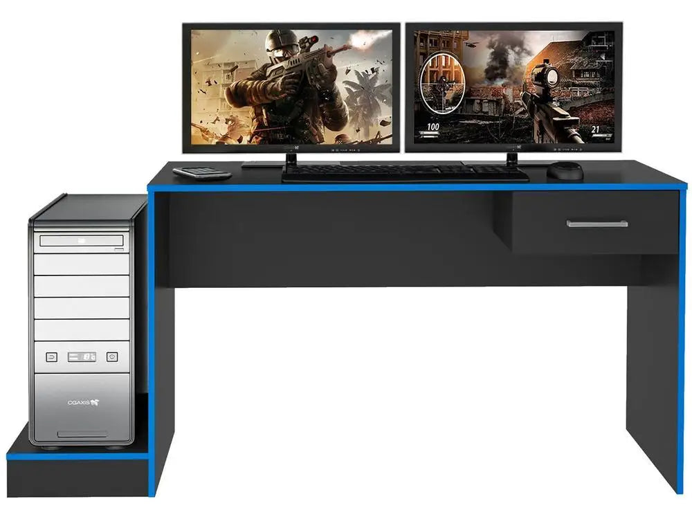 Mesa Gamer Artely Preta e Azul com 1 Gaveta