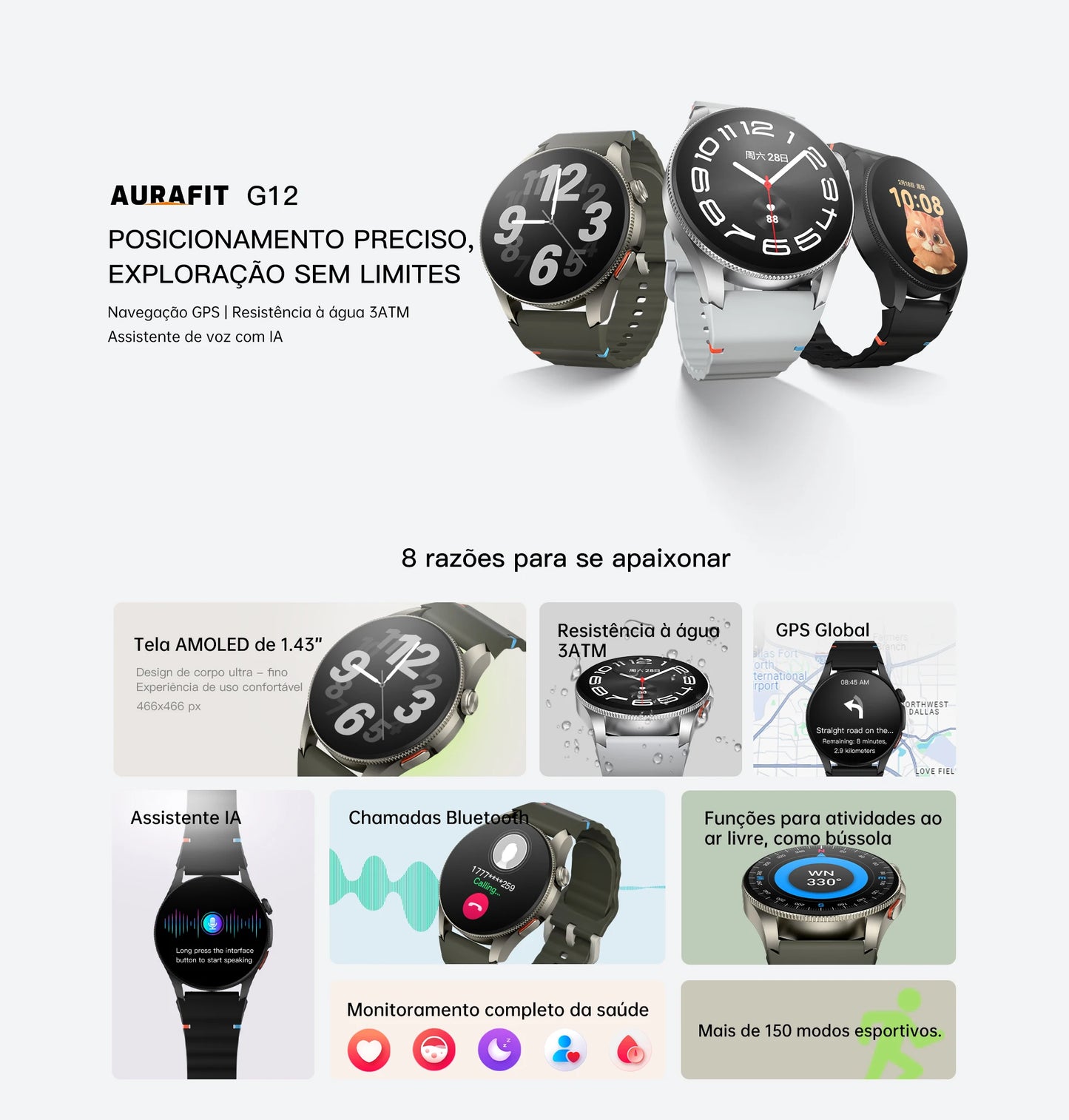 Smartwatch AURAFIT Original Masculino GPS NFC Rastreamento Chamadas BT Monitor Saúde