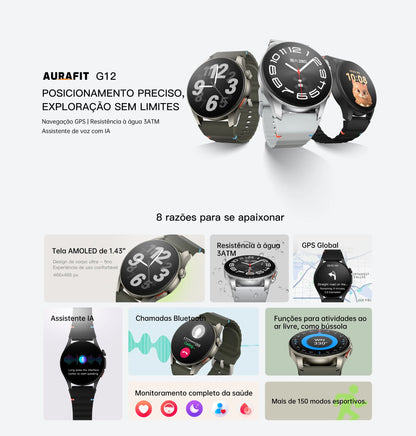 Smartwatch AURAFIT Original Masculino GPS NFC Rastreamento Chamadas BT Monitor Saúde