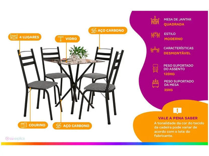 Conjunto Mesa de Jantar 4 Cadeiras Tampo Vidro Preto Capri Madesa