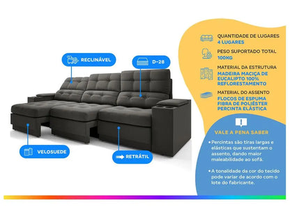 Sofá Retrátil e Reclinável 4 Lugares Velosuede Neon Next Sofas