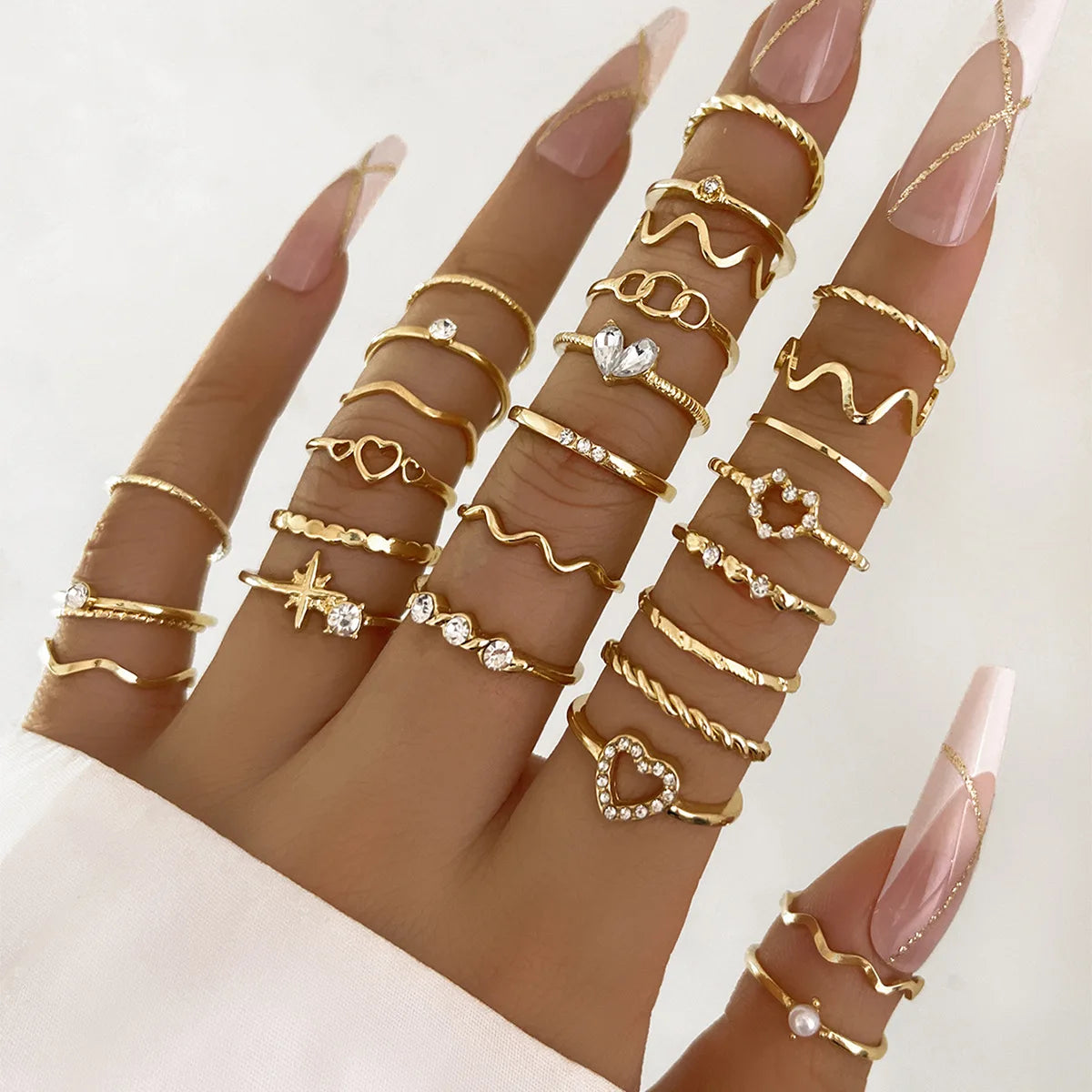 Conjunto 28 Peças Anéis Fashion Geométricos Feminino Cristal Coração