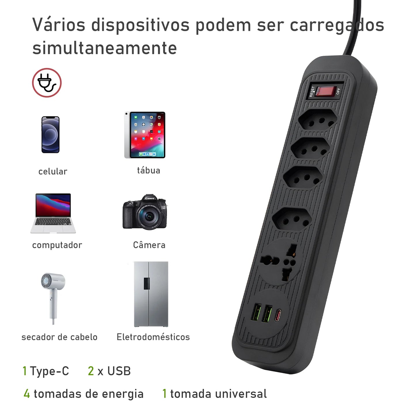 Extensão De 4 Tomadas Com 3 Usb Branco Bivolt 2 Metros Preto, Extensão Tomada,Suporte a Tensão de 110-220V, Potência de 2500W，