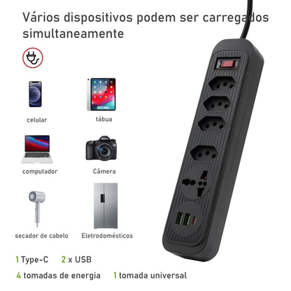 Extensão De 4 Tomadas Com 3 Usb Branco Bivolt 2 Metros Preto, Extensão Tomada,Suporte a Tensão de 110-220V, Potência de 2500W，