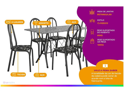 Conjunto Mesa de Jantar 6 Cadeiras Preta Ravenna Madesa