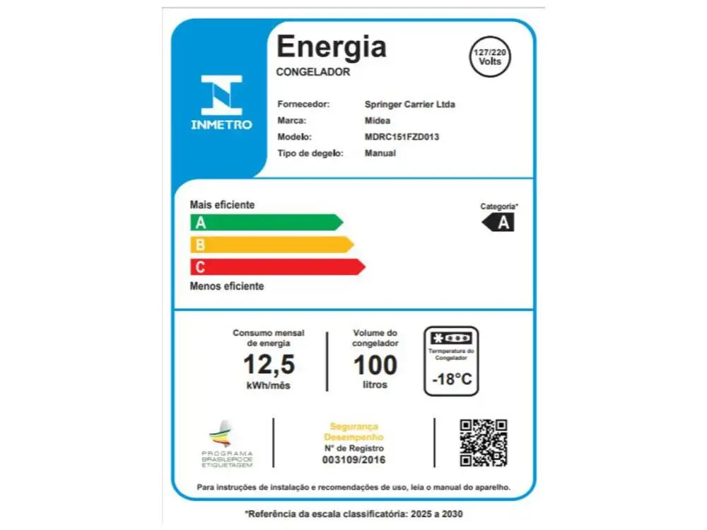 Freezer Horizontal Midea 100 Litros MDLC151FZD013 - Bivolt.