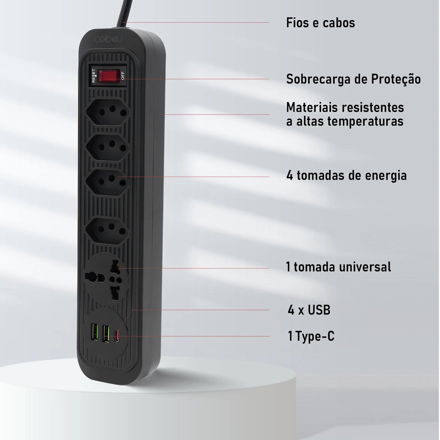 Extensão De 4 Tomadas Com 3 Usb Branco Bivolt 2 Metros Preto, Extensão Tomada,Suporte a Tensão de 110-220V, Potência de 2500W，