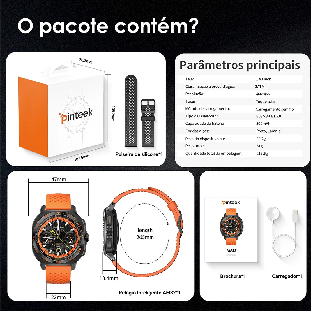 Relógio Inteligente AURAFIT AM32 com Papel de Parede Personalizável, Alertas de Chamadas/Mensagens, Ligações Sem Fio e Modo Esportivo