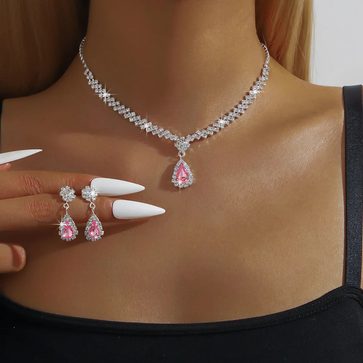 Conjunto 3 Peças Colar e Brincos Feminino Gota D'Água Fashion