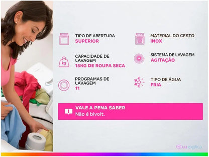 Lavadora de Roupas Electrolux 15kg Cesto Inox 11 Programas de Lavagem Premium Care Branca LEC15 220V