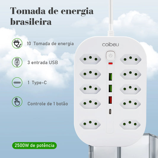 Filtro de Linha Extensão Elétrica Adaptador Tomada 10A 110-220V com USB